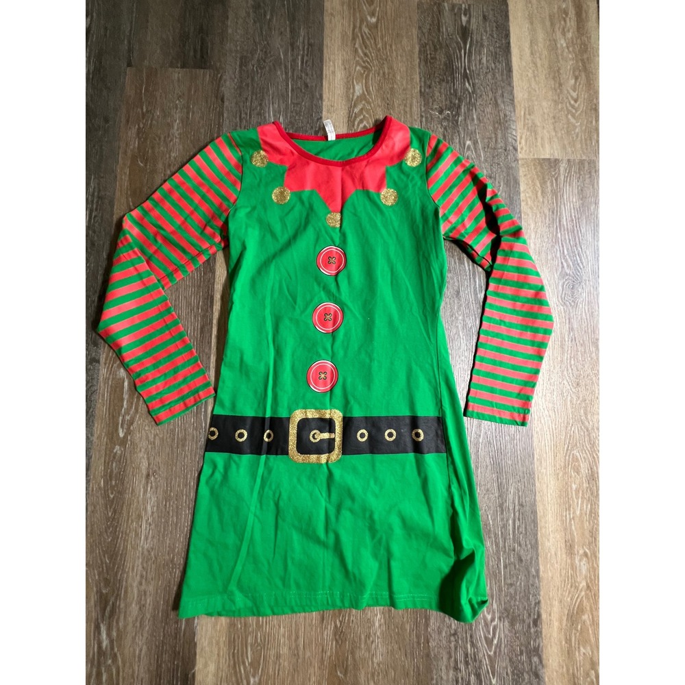 Elf Costume Dress Women Medium Green Good Striped Long Sleeve Holiday